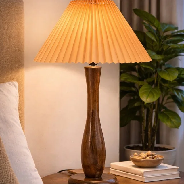 Baluster wood table lamp with pleated shade