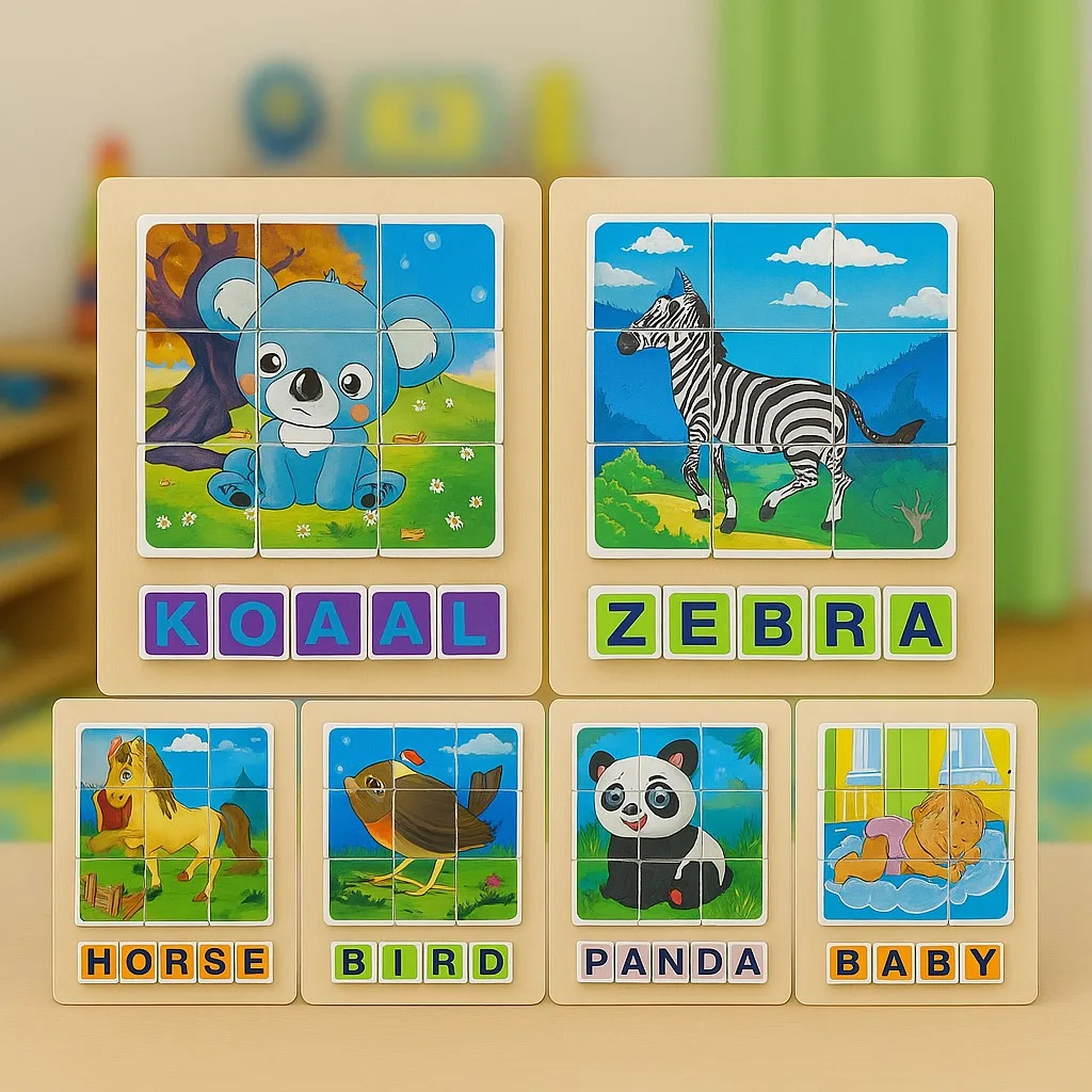 Wooden Montessori Animal Puzzle with Spelling Blocks