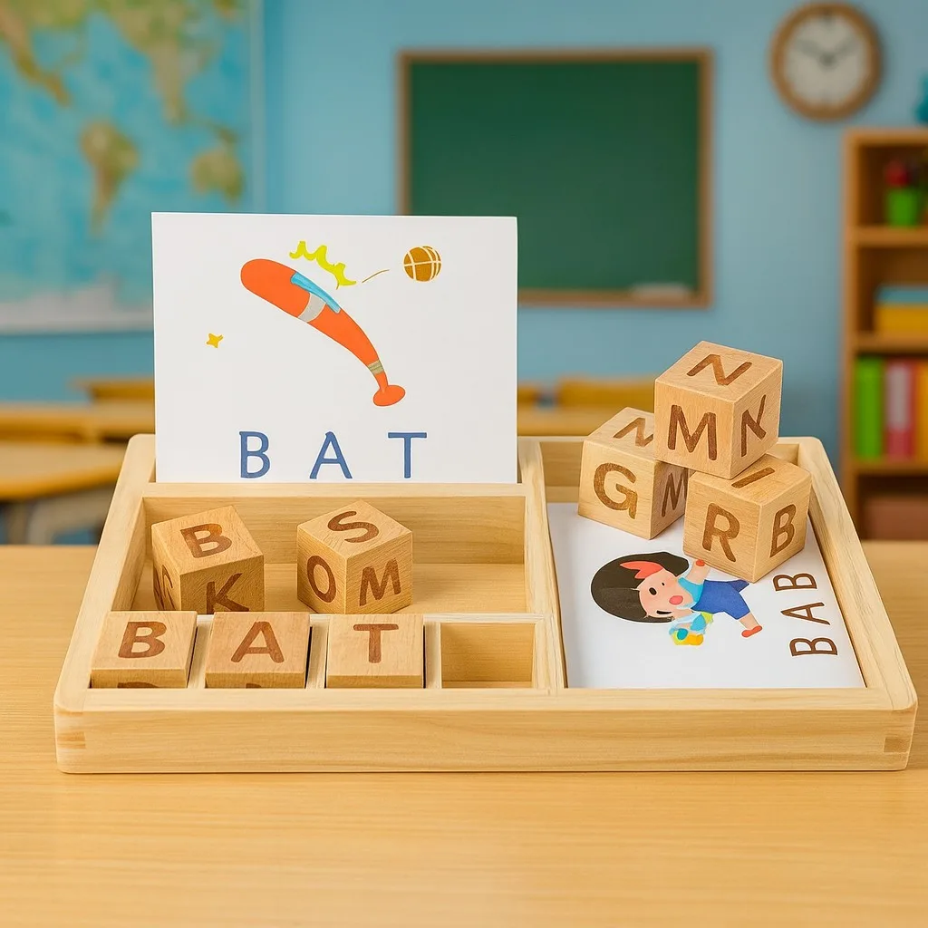 Wooden Alphabet Blocks Spelling Game With Word Cards