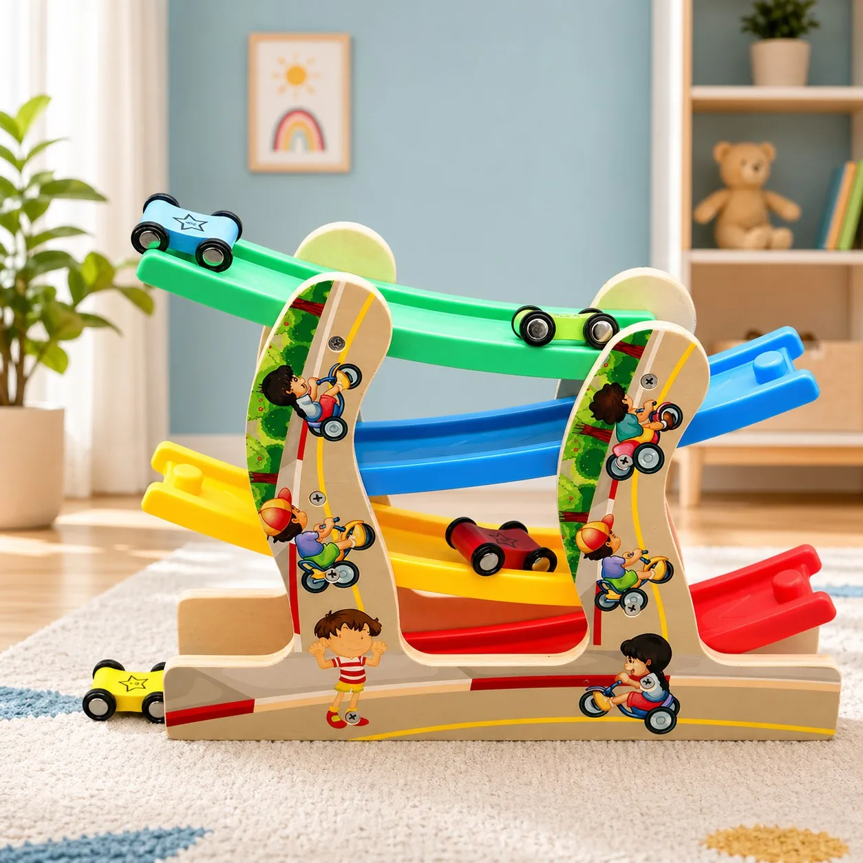 Wooden Multicolor Racing Rail Car Slide Track