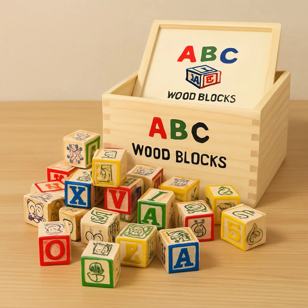 Wooden Alphabet & Numbers Cubes Building Blocks With Different Patterns