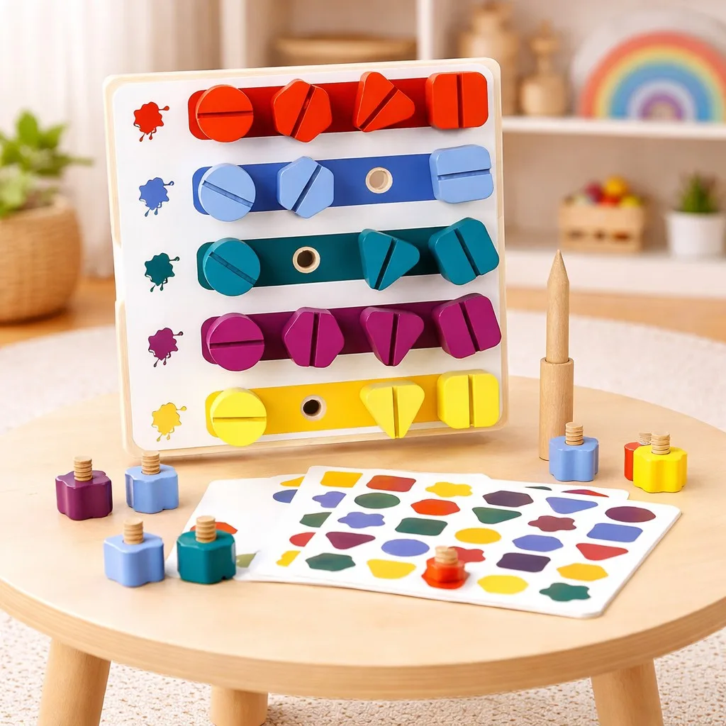 Wooden Montessori Multicolor Matching Screws Activity Board