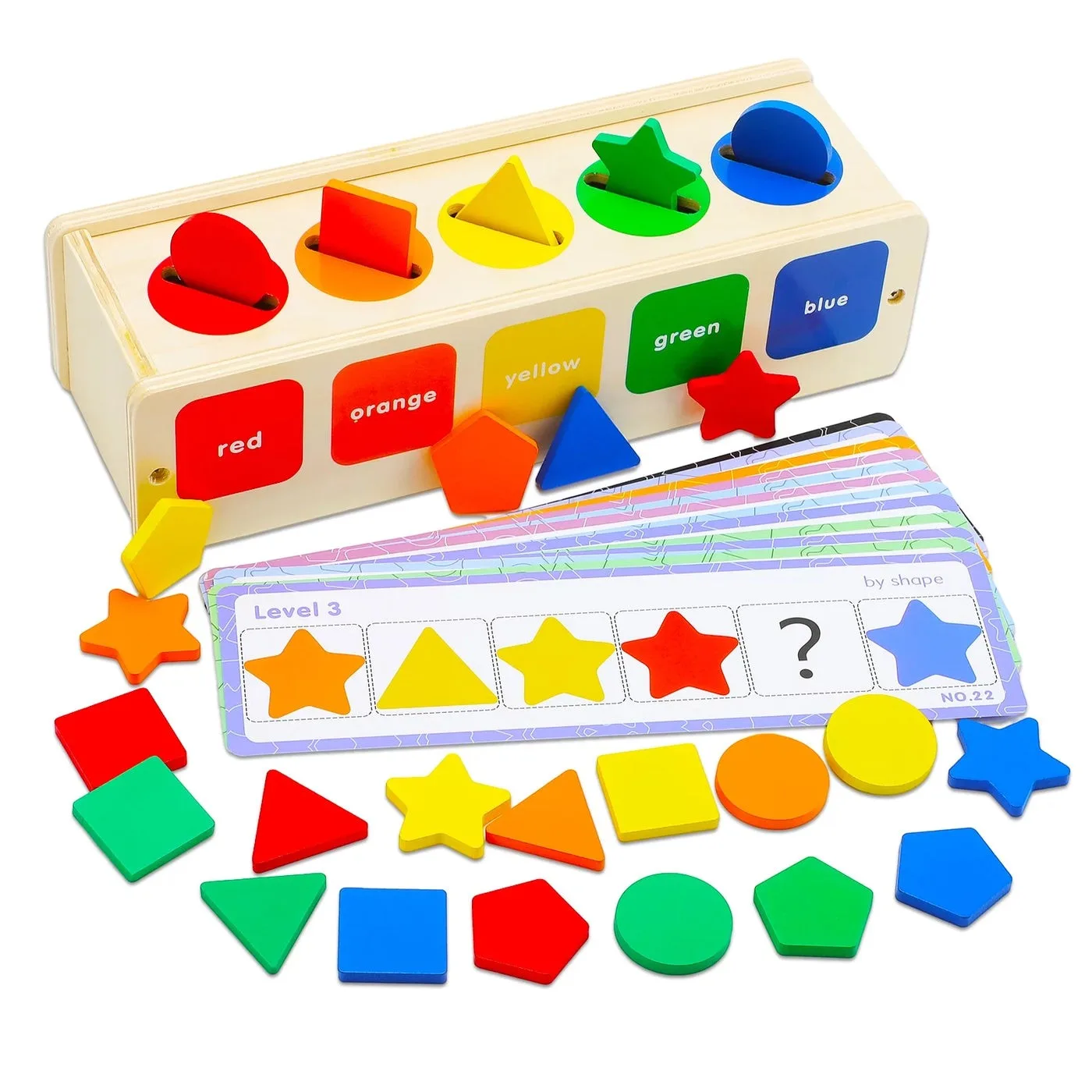 Wooden Montessori Shapes & Colours Sorting Box With Flash Cards Activity