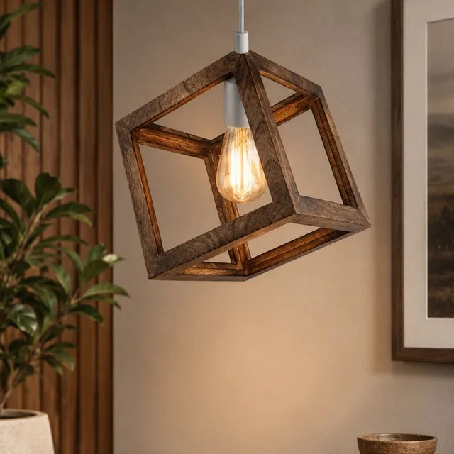 Modern Antique Wooden Pendant Cube Light