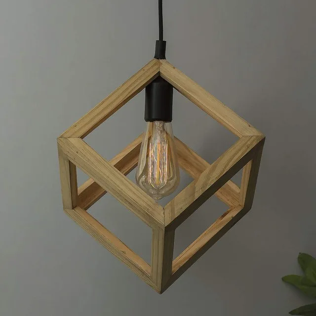Modern Nordic Wooden Pendant Cube Light