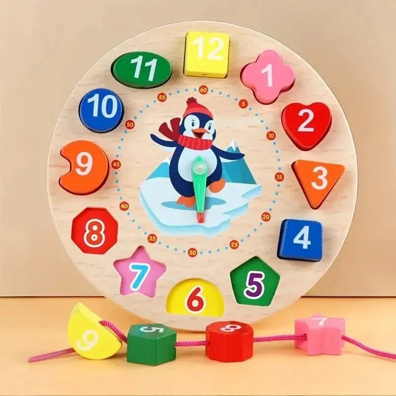 Wooden Multicolor Geometric Shape Sorting Clock With Threading Activity