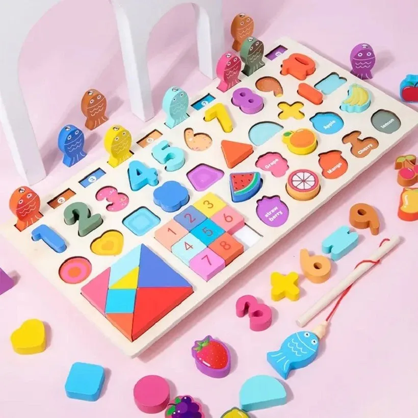 Wooden Multifunctional logarithmic Busy Board With Tangram Puzzle