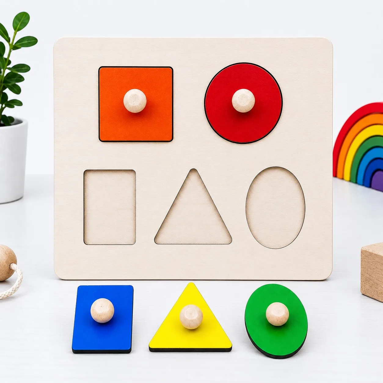 Montessori-Inspired Wooden Sorting Knob Board – 5 Essential Shapes