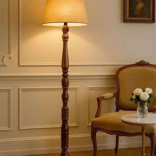 Black-finish turned wooden floor lamp