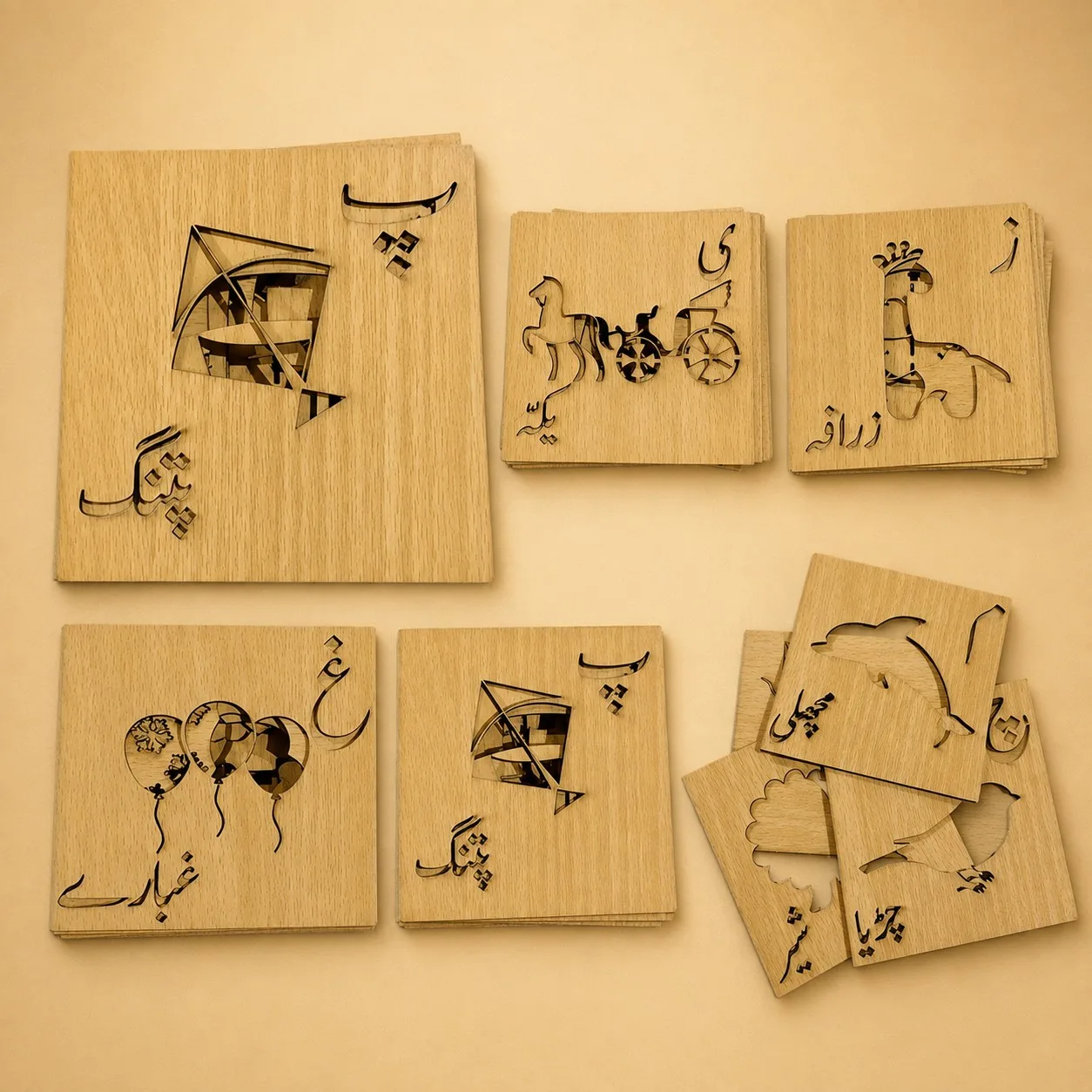 Wooden Urdu Alphabet Tracing Stencils & Puzzle, 2-in-1 Second Edition
