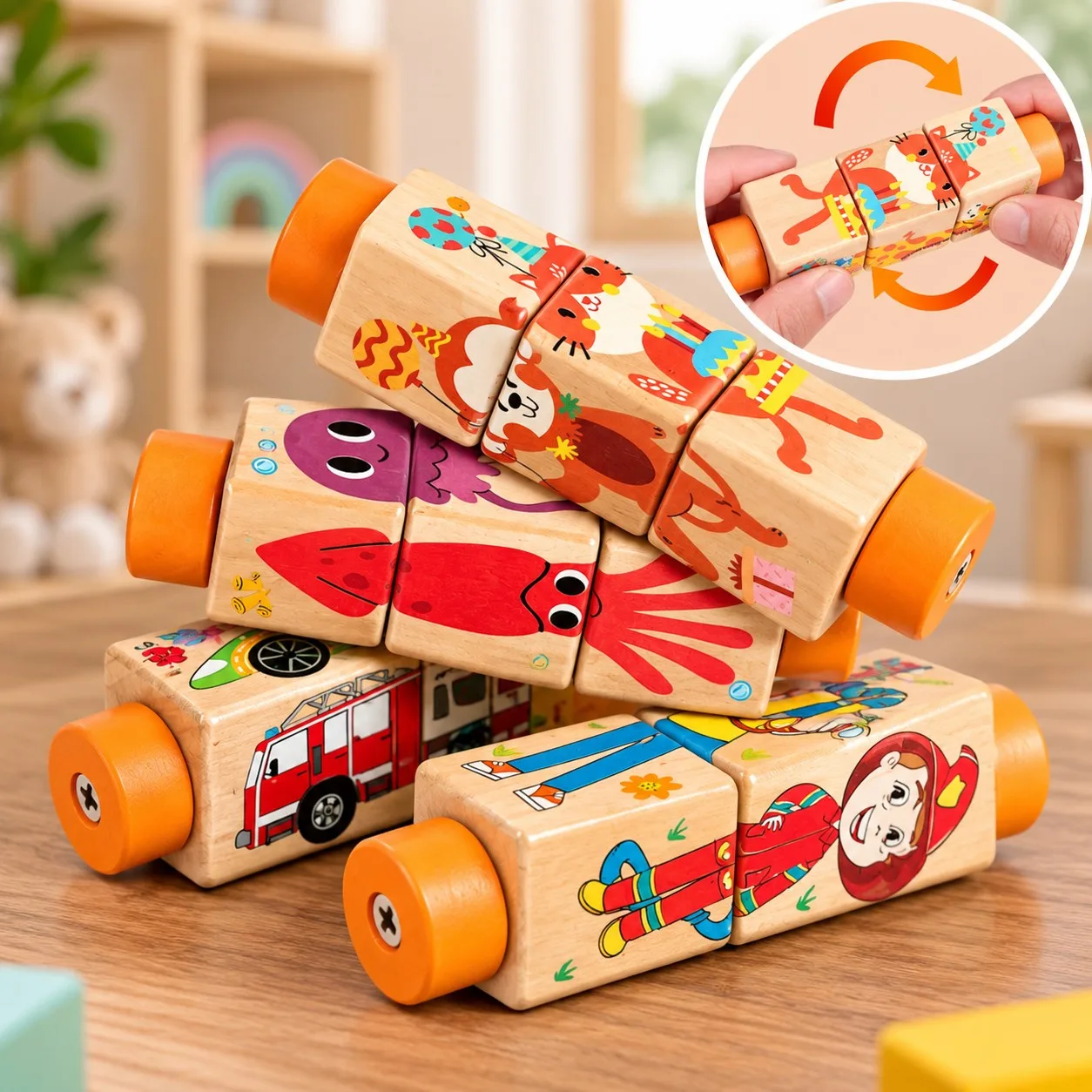 Wooden Montessori Rotating Character Matching Puzzle