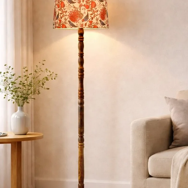Turned solid wood floor lamp