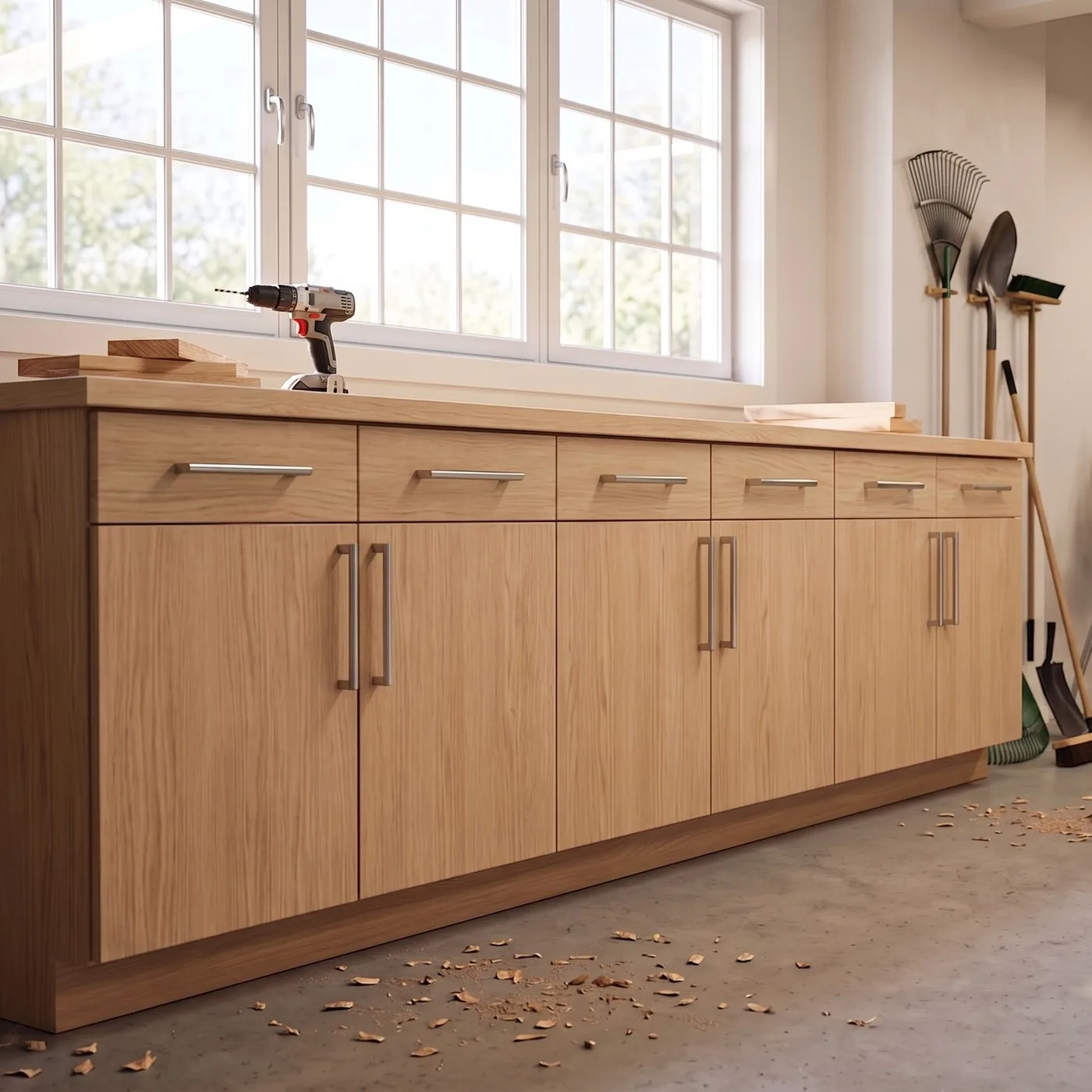 Garage base cabinet, slab doors