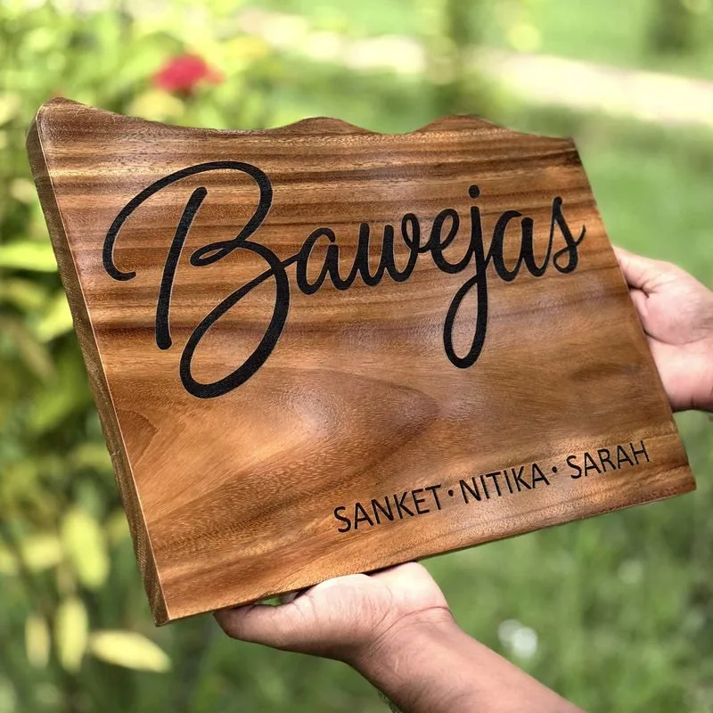 Custom Mountain Shape Live Edge Teak Wood Home Sign