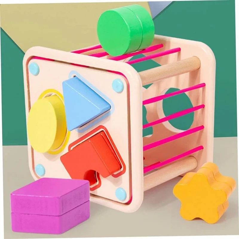 Wooden Rainbow Seselle Shape Sorting Flexible Cube Box