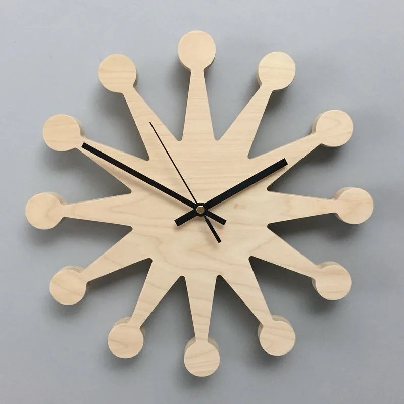 Plywood wall clock, round rays, natural birch