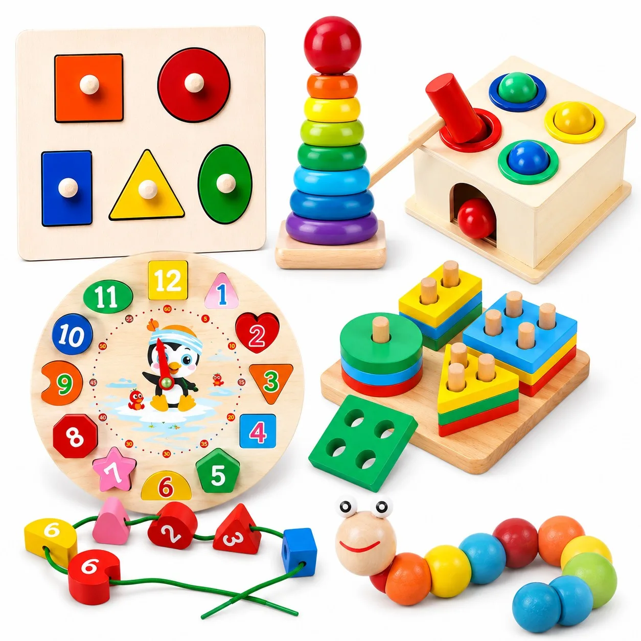 Wooden Montessori 6-in-1 Early Learning & Development Activity Bundle