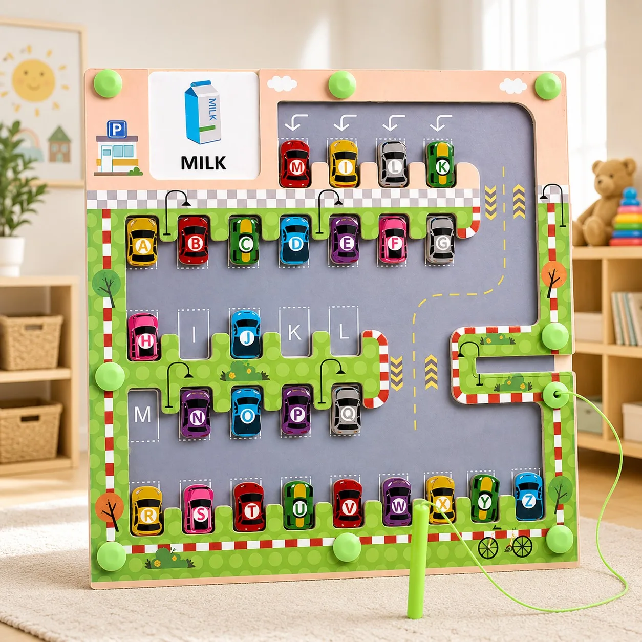 Wooden Magnetic Alphabet Matching & Word Maze Car Parking Themed Board