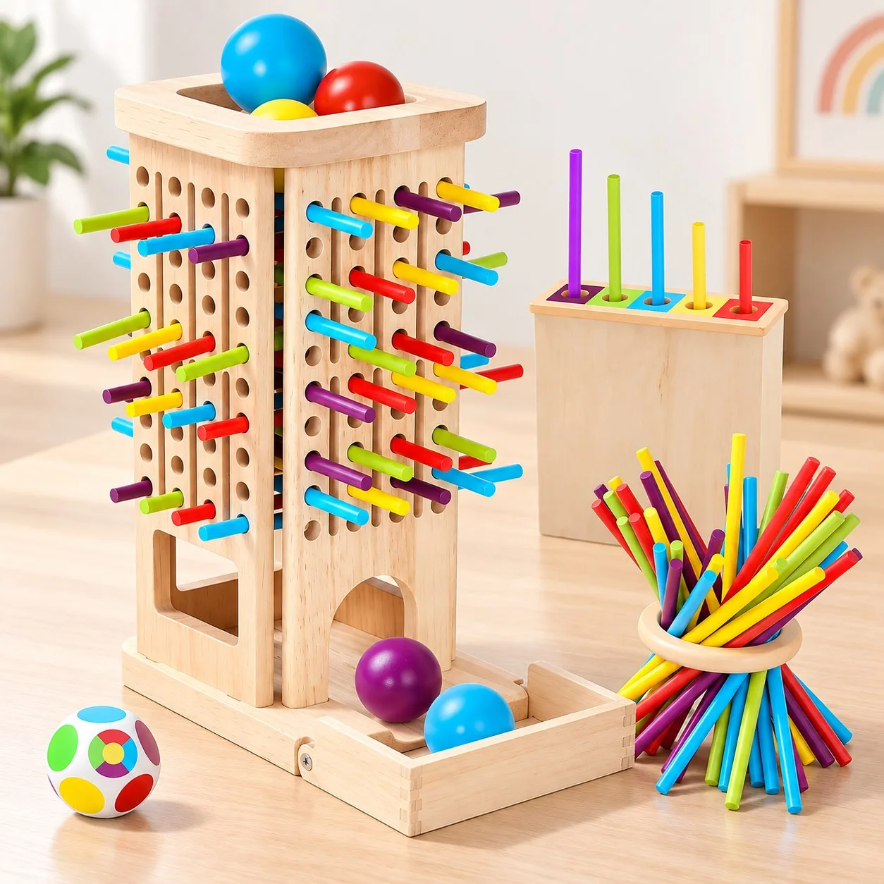 Wooden 3-in-1 Stick Pulling, Ball Drop & Color Sorting Activity Tower