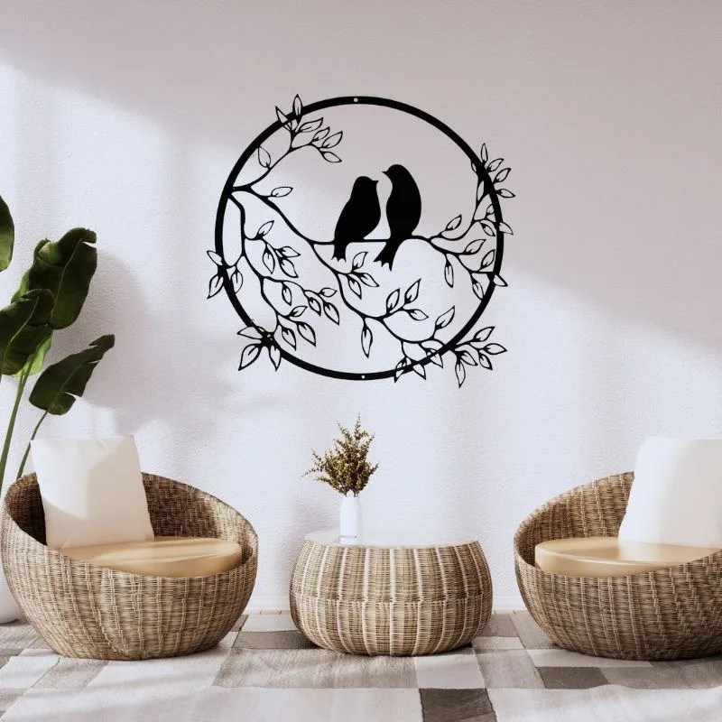 Wooden Wall Art – Bird on Branch, Round Rustic Wood Decor for Home & Garden