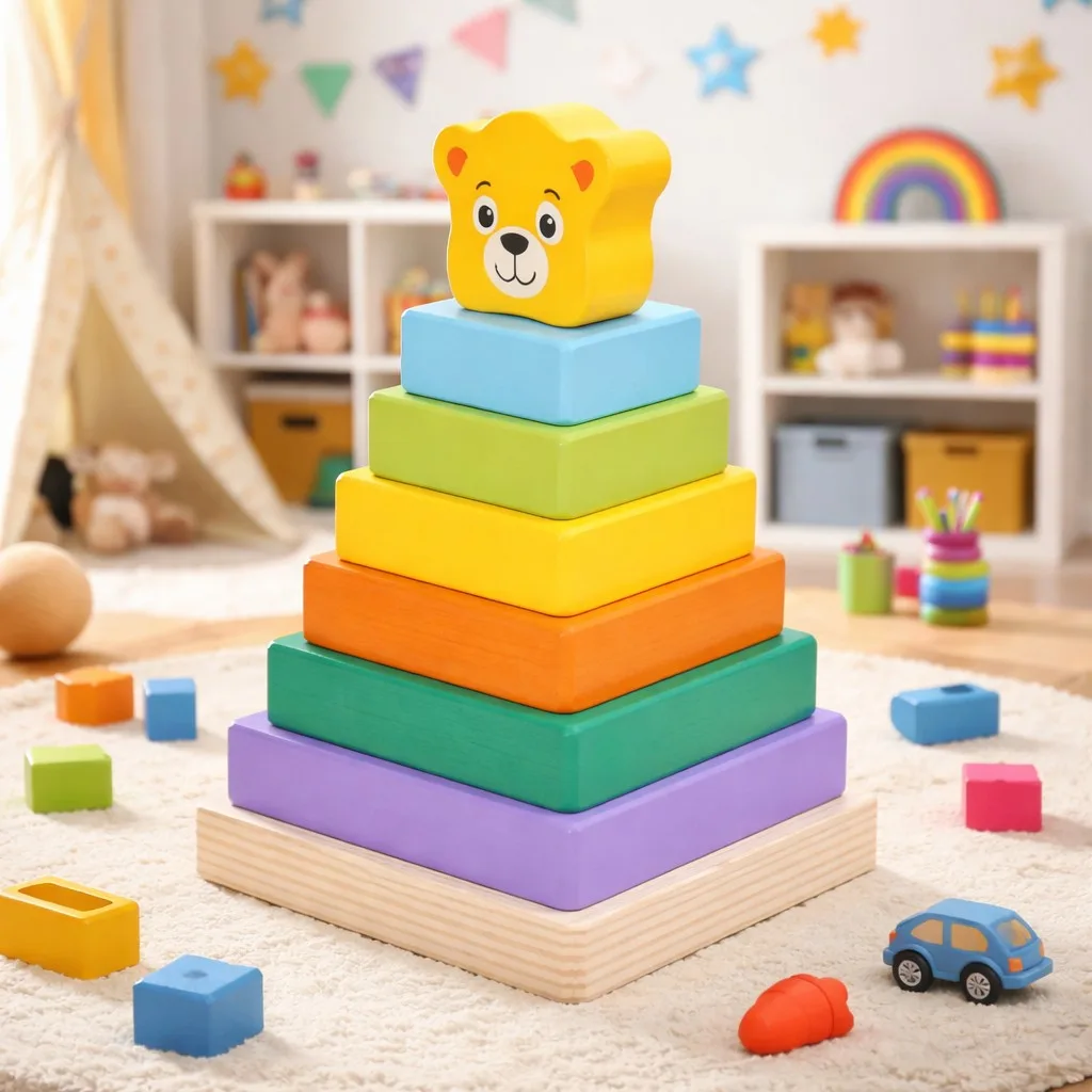 Wooden Multicolor Block Shapes Stacking tower