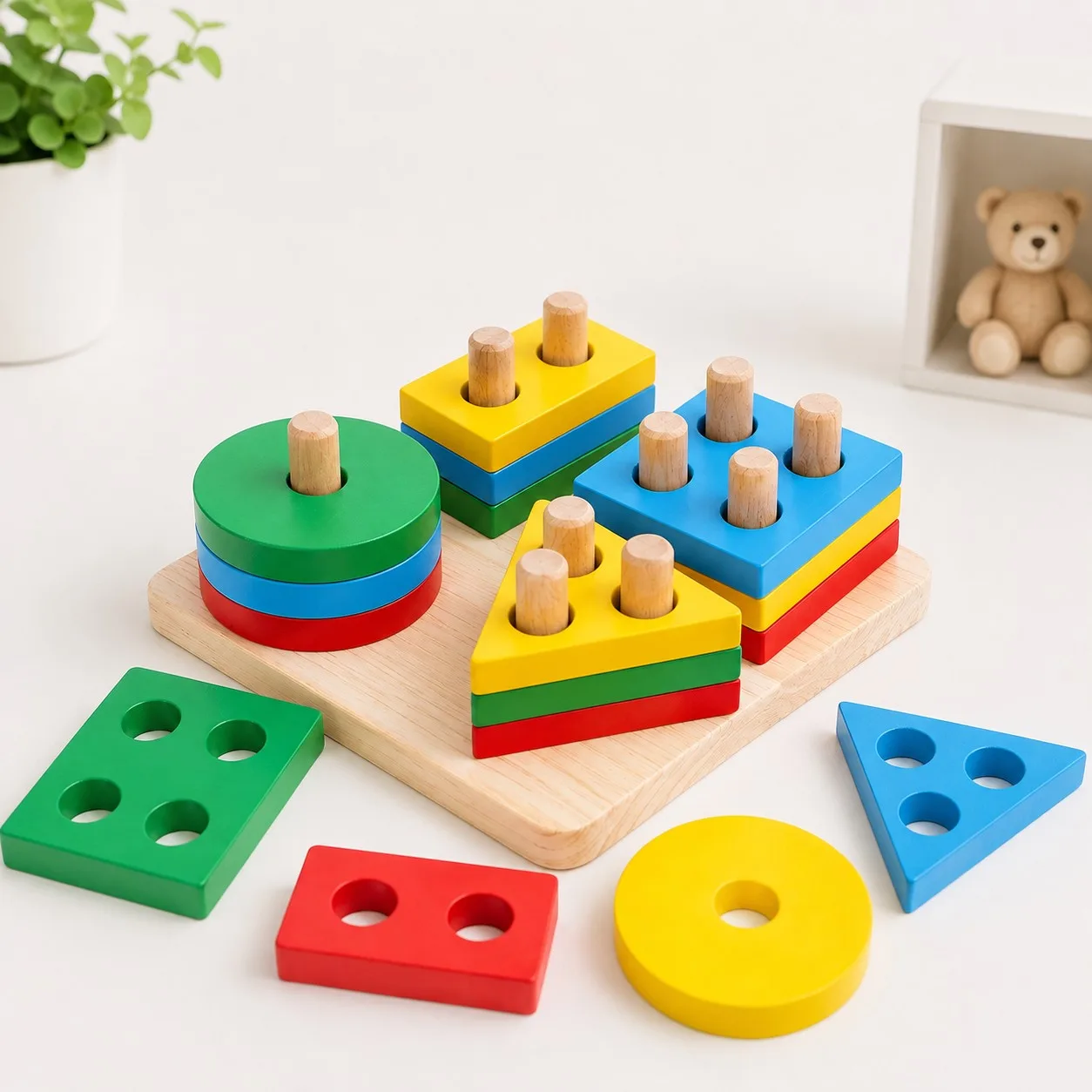 Wooden Multicolor 4 Geometric Shapes Sorter Toy